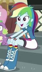 Size: 253x434 | Tagged: safe, screencap, fluttershy, rainbow dash, spike, spike the regular dog, dog, equestria girls, equestria girls specials, g4, my little pony equestria girls: dance magic, boots, clothes, compression shorts, cropped, cute, dashabetes, drums, jacket, jewelry, legs, musical instrument, skirt, smiling, socks, solo focus, striped socks, wristband