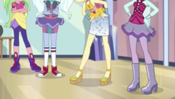 Size: 975x549 | Tagged: safe, screencap, lemon zest, sour sweet, sugarcoat, sunny flare, equestria girls, equestria girls specials, g4, my little pony equestria girls: dance magic, boots, clothes, converse, cropped, crossed arms, crystal prep shadowbolts, hand on hip, heart, high heel boots, high heels, legs, pictures of legs, shoes, sneakers, socks, tutu, wristband