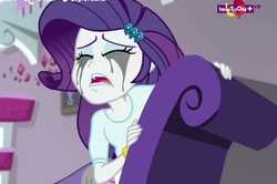 Size: 672x445 | Tagged: safe, screencap, rarity, dance magic, equestria girls, equestria girls specials, g4, clothes, couch, crying, eyes closed, fainting couch, female, makeup, marshmelodrama, mascarity, open mouth, running makeup, solo, teletoon