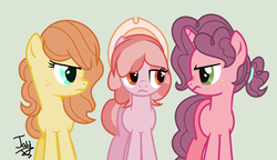 Size: 1024x591 | Tagged: safe, artist:jaythecatlover, oc, oc only, oc:honeycrisp, oc:pink lady, oc:rome beauty, earth pony, pony, unicorn, base used, female, half-siblings, mare, offspring, parent:big macintosh, parent:cheerilee, parent:sugar belle, parents:cheerimac, parents:sugarmac, simple background