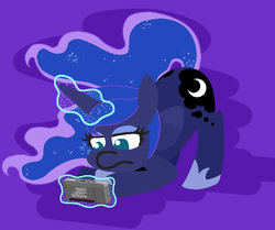Size: 748x625 | Tagged: safe, artist:threetwotwo32232, princess luna, alicorn, pony, g4, face down ass up, female, game boy micro, glowing, glowing horn, horn, magic, solo, telekinesis