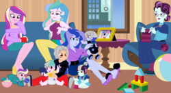 Size: 11000x6000 | Tagged: safe, artist:evilfrenzy, dean cadance, princess cadance, princess celestia, princess luna, principal abacus cinch, principal celestia, vice principal luna, oc, oc:aero ruinwing, equestria girls, g4, absurd resolution, baby, canon x oc, diaper, female, knitting, male, offspring, parent:oc:aero ruinwing, parent:princess cadance, parent:princess celestia, parent:princess luna, parent:principal abacus cinch, parents:canon x oc, polyamory, straight, straight shota