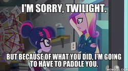 Size: 600x337 | Tagged: safe, edit, edited screencap, screencap, dean cadance, princess cadance, sci-twi, twilight sparkle, equestria girls, g4, my little pony equestria girls: friendship games, corporal punishment, disciplinary action, image macro, imminent punishment, imminent spanking, meme, memeful.com