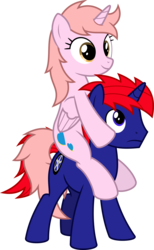 Size: 6400x10404 | Tagged: safe, artist:parclytaxel, oc, oc only, oc:arlene, oc:nitroflame, alicorn, pony, unicorn, .svg available, absurd resolution, alicorn oc, duo, female, frown, looking down, looking up, male, mare, ponies riding ponies, riding, simple background, smiling, stallion, transparent background, vector