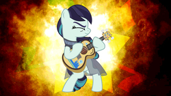 Size: 8000x4500 | Tagged: safe, artist:jhayarr23, coloratura, pony, g4, honest apple, absurd resolution, bipedal, clothes, eyes closed, female, guitar, guitarara, guitarity, musical instrument, rara, solo, vector, wallpaper