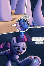 Size: 1920x2816 | Tagged: safe, artist:shieltar, part of a set, princess luna, twilight sparkle, pony, unicorn, comic:giant twilight, g4, comic, commission, cute, dialogue, eating, edible heavenly object, frog (hoof), giant pony, giantess, growth, inside coat, macro, magic, microscopic, part of a series, planet, pony bigger than a planet, size difference, space, stars, underhoof, unicorn twilight