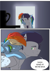 Size: 4961x6992 | Tagged: safe, artist:lrusu, rainbow dash, soarin', pegasus, pony, comic:rainbow crush, g4, absurd resolution, carrying, comic, female, male, ponies riding ponies, riding, ship:soarindash, shipping, sleeping, straight