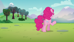 Size: 1280x720 | Tagged: safe, screencap, pinkie pie, earth pony, pony, g4, the mane attraction, apple tree, butt, female, grass, mare, mountain, plot, raised hoof, solo, tree