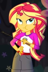 Size: 314x473 | Tagged: safe, screencap, sunset shimmer, equestria girls, g4, my little pony equestria girls: legend of everfree, camp everfree outfits, clothes, cropped, eating, female, flower, lidded eyes, looking at you, puffy cheeks, shorts, solo, sun, tree