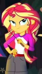 Size: 270x471 | Tagged: safe, screencap, sci-twi, sunset shimmer, twilight sparkle, equestria girls, g4, my little pony equestria girls: legend of everfree, camp everfree outfits, clothes, cropped, female, flower, lidded eyes, looking at you, offscreen character, shorts, solo, sun, tree