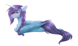 Size: 2830x1699 | Tagged: safe, artist:ohhoneybee, oc, oc only, oc:tyla, alicorn, pony, female, floppy ears, mare, prone, simple background, solo, transparent background