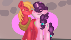 Size: 1280x720 | Tagged: safe, artist:jbond, big macintosh, sugar belle, earth pony, pony, g4, hard to say anything, duo, female, kissing, male, mare, nuzzling, ship:sugarmac, shipping, stallion, straight