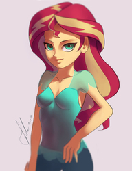 Size: 665x864 | Tagged: safe, artist:grissaecrim, sunset shimmer, equestria girls, g4, breasts, female, looking at you, signature, simple background, smiling, solo