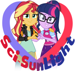 Size: 2853x2689 | Tagged: safe, artist:namyg, sci-twi, sunset shimmer, twilight sparkle, equestria girls, g4, bowtie, clothes, cute, cutie mark, duo, female, glasses, heart, heart hands, high res, jacket, leather jacket, lesbian, looking at you, ship:sci-twishimmer, ship:sunsetsparkle, shipping, simple background, skirt, transparent background
