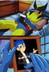 Size: 480x700 | Tagged: safe, artist:arthurcrane, flash sentry, pony, equestria girls, g4, bed, crossover, crossover shipping, exploitable meme, gay, male, marvel, meme, shipping, wolverine, x-men, x-men the animated series