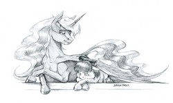 Size: 1500x895 | Tagged: safe, artist:baron engel, apple bloom, princess luna, alicorn, earth pony, pony, g4, comforting, female, filly, grayscale, mare, missing accessory, monochrome, pencil drawing, prone, sad, simple background, traditional art, white background, wing blanket