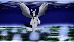 Size: 1920x1080 | Tagged: safe, artist:lestorest, oc, oc only, oc:sanaris shadowrain, pegasus, pony, semi-anthro, belly button, solo, spread wings, wings