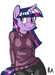 Size: 1410x1914 | Tagged: safe, artist:bluecoffeedog, twilight sparkle, anthro, g4, clothes, female, simple background, solo, sweater