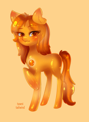 Size: 600x825 | Tagged: safe, artist:tawni-tailwind, oc, oc only, goo, goo pony, original species, colored pupils, food, looking at you, orange, simple background, solo