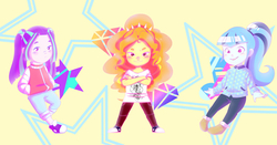 Size: 2000x1050 | Tagged: safe, artist:amazingpuffhair, adagio dazzle, aria blaze, sonata dusk, equestria girls, g4, my little pony equestria girls: rainbow rocks, abstract background, clothes, converse, crossed arms, jacket, looking at you, pants, shirt, shoes, smiling, the dazzlings, trio, younger