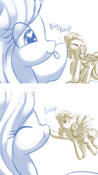 Size: 1280x2293 | Tagged: safe, artist:acersiii, oc, oc only, oc:crescendo, oc:solar tide, pony, :p, :t, boop, cute, daaaaaaaaaaaw, duo, eyes closed, female, flying, giant pony, grin, heart eyes, limited palette, macro, mare, nose wrinkle, scrunchy face, simple background, size difference, smiling, spread wings, tongue out, white background, wingding eyes, wings