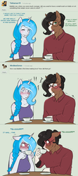 Size: 2000x4500 | Tagged: safe, artist:askbubblelee, oc, oc only, oc:bubble lee, oc:imago, oc:walter nutt, earth pony, unicorn, anthro, anthro oc, awkward, blushing, blushing profusely, clothes, comic, cup, deviantart, dialogue, drink, duo, female, friends, green background, high res, male, mare, simple background, stallion, teacup