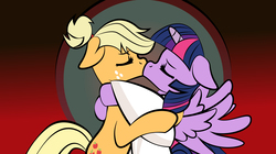 Size: 1278x717 | Tagged: safe, artist:dan232323, applejack, twilight sparkle, alicorn, earth pony, pony, g4, alternate hairstyle, ashi, clothes, crossover, duo, eyes closed, female, floppy ears, jashi, kiss on the lips, kissing, lesbian, mare, samurai applejack, samurai jack, ship:twijack, shipping, spoilers for another series, spread wings, twilight sparkle (alicorn), voice actor joke, wingboner, wings