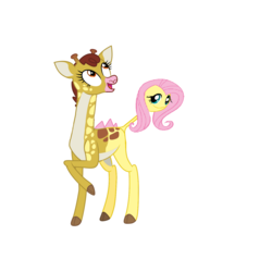 Size: 1403x1401 | Tagged: safe, artist:theunknowenone1, clementine, fluttershy, girafarig, giraffe, pony, g4, crossover, fusion, pokefied, pokémon, raised hoof, simple background, we have become one, what has science done, white background