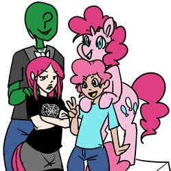 Size: 1212x1216 | Tagged: safe, artist:/d/non, pinkie pie, oc, oc:anon, oc:mumble, oc:pogo, satyr, g4, brother and sister, daughter, father, father and daughter, father and son, female, goth, male, mother, mother and daughter, mother and son, offspring, parent:oc:anon, parent:pinkie pie, simple background, son, white background