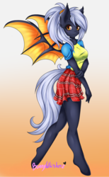 Size: 1024x1666 | Tagged: safe, artist:bunnywhiskerz, oc, oc only, bat pony, anthro, unguligrade anthro, anthro oc, clothes, cute, female, gradient background, legs, moe, ocbetes, plaid, pleated skirt, skirt, solo