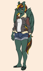 Size: 450x750 | Tagged: safe, artist:blah-blah-turner, oc, oc only, oc:cannonball, pegasus, anthro, plantigrade anthro, bomber jacket, clothes, female, jacket, reference, sandals, shorts, simple background, solo
