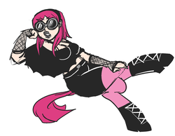 Size: 1458x1130 | Tagged: safe, artist:/d/non, derpibooru exclusive, oc, oc only, oc:mumble, satyr, aviator goggles, boots, breasts, cleavage, clothes, female, fishnet stockings, glasses, goth, lipstick, offspring, parent:pinkie pie, simple background, skirt, solo, white background