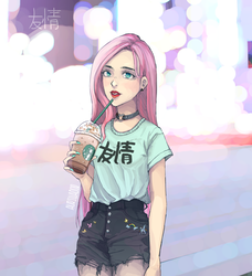 Size: 1102x1208 | Tagged: safe, artist:aurillador, fluttershy, human, g4, clothes, coffee, collar, ear piercing, earring, female, humanized, jewelry, piercing, shirt, shorts, solo