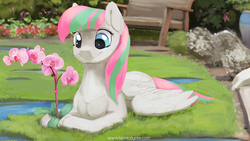 Size: 1920x1080 | Tagged: safe, artist:blindcoyote, blossomforth, pegasus, pony, g4, cute, female, flower, grass, mare, orchid, park, prone, request, requested art, smiling, solo