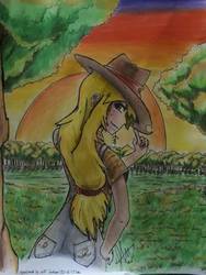Size: 774x1032 | Tagged: safe, artist:skull272, applejack, human, g4, clothes, dungarees, female, forest, humanized, looking back, meadow, shirt, solo, straw, sunset, traditional art, tree