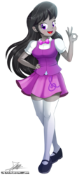Size: 1004x2096 | Tagged: safe, artist:the-butch-x, octavia melody, equestria girls, g4, bowtie, clothes, commission, cute, female, hand on hip, long socks, looking at you, mary janes, miniskirt, ok hand sign, open mouth, shoes, signature, simple background, skirt, smiling, socks, solo, thigh highs, thigh socks, thighs, transparent background, zettai ryouiki