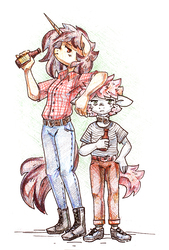 Size: 1000x1475 | Tagged: safe, artist:koviry, oc, oc only, oc:kova, earth pony, unicorn, anthro, plantigrade anthro, anthro oc, belt, bottle, clothes, drink, duo, female, floppy ears, mare, pants, plaid shirt, shirt, shoes, simple background, size difference, traditional art