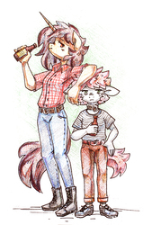 Size: 1000x1475 | Tagged: dead source, safe, artist:koviry, oc, oc only, oc:kova, earth pony, unicorn, anthro, plantigrade anthro, anthro oc, belt, bottle, clothes, drink, duo, female, floppy ears, mare, pants, plaid shirt, shirt, shoes, simple background, size difference, traditional art