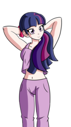 Size: 720x1280 | Tagged: safe, artist:reina-del-caos, twilight sparkle, human, g4, belly button, clothes, female, humanized, midriff, pants, simple background, solo, tank top, transparent background