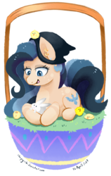 Size: 2611x4131 | Tagged: safe, artist:chirpy-chi, oc, oc only, chicken, earth pony, pony, rabbit, basket, chick, hat, high res, pony in a basket, simple background, solo, transparent background