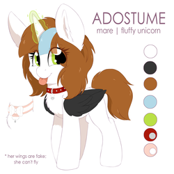 Size: 1500x1500 | Tagged: safe, artist:adostume, oc, oc only, oc:adostume, pony, unicorn, collar, fake wings, reference sheet, simple background, solo, tongue out, white background