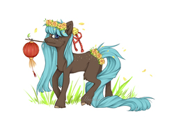 Size: 1280x928 | Tagged: safe, artist:usagimoon98, oc, oc only, earth pony, pony, bell, cheek fluff, chest fluff, flower, freckles, grass, lantern, leg fluff, mouth hold, paper lantern, simple background, solo, white background