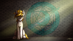 Size: 2464x1386 | Tagged: safe, artist:setharu, oc, oc only, oc:goldenblood, pony, unicorn, fallout equestria, fallout equestria: project horizons, crepuscular rays, emblem, ministry of arcane sciences, ministry of awesome, ministry of image, ministry of morale, ministry of peace, ministry of wartime technology, office of interministry affairs, scar, solo, symbols, wall