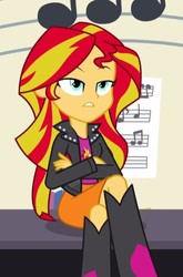Size: 387x585 | Tagged: safe, screencap, sunset shimmer, equestria girls, g4, my little pony equestria girls: rainbow rocks, annoyed, boots, clothes, cropped, crossed arms, crossed legs, female, high heel boots, jacket, leather jacket, lidded eyes, music notes, musical instrument, piano, skirt, solo, unamused