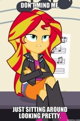 Size: 600x906 | Tagged: safe, edit, edited screencap, screencap, sunset shimmer, equestria girls, g4, my little pony equestria girls: rainbow rocks, annoyed, boots, clothes, cropped, crossed arms, female, high heel boots, image macro, jacket, leather jacket, meme, memeful.com, musical instrument, piano, solo, unamused