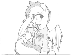 Size: 942x728 | Tagged: safe, artist:woonasart, spitfire, pony, g4, clothes, female, grayscale, hoodie, monochrome, ribbon, sketch, solo, wonderbolts