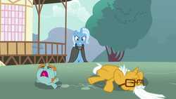 Size: 1280x720 | Tagged: safe, screencap, snails, snips, trixie, pony, unicorn, g4, magic duel, age progression, age regression, age spell, alicorn amulet, baby, baby pony, baby snips, beard, colt, crying, elderly, elderly snails, evil grin, evil trixie, facial hair, glasses, grin, male, older, smiling, younger