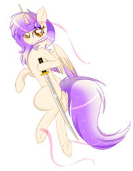Size: 1024x1313 | Tagged: safe, artist:little-sketches, oc, oc only, oc:melody sunshine, alicorn, pony, alicorn oc, colored pupils, commission, eye clipping through hair, female, katana, looking at you, magic, mare, simple background, smiling, solo, sword, transparent background, weapon, ych result