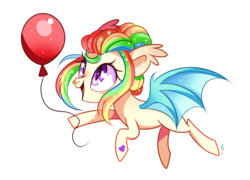 Size: 1200x865 | Tagged: safe, artist:ipun, oc, oc only, oc:shimmering skies, bat pony, pony, balloon, colored wings, female, heart eyes, hoof heart, mare, multicolored hair, nose piercing, piercing, rainbow hair, simple background, solo, transparent background, wingding eyes