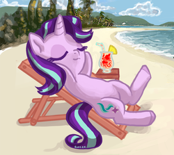 Size: 1063x950 | Tagged: safe, artist:mcponyponypony, starlight glimmer, pony, g4, beach, chair, drink, eyes closed, female, ocean, relaxing, solo, tree